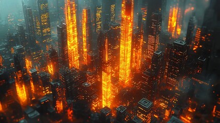 Illuminated Financial District Cityscape with Dynamic Digital Overlays Showcasing Market Trends and Investment Symbols