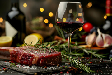 Glass of red wine with raw ribeye steak decorated by rosemary, spices and lemon slice on baking