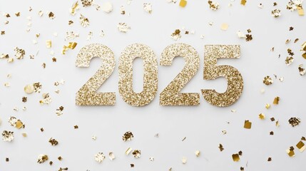 Shiny golden "2025" in glitter texture, surrounded by golden confetti on a white background