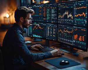 Investor Researching Blockchain Technology on Multiple Screens with Cryptocurrency Charts and Diagrams in Futuristic Tech Focused Business Investment