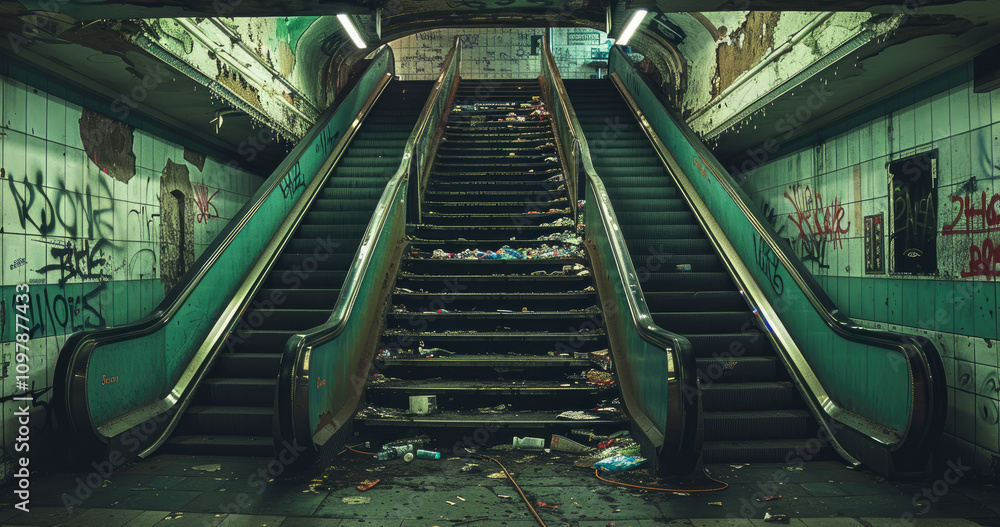 Poster an abandoned subway station with broken and cracked green paint, an empty escalator that leads down 