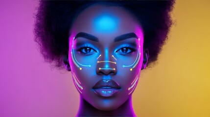Portrait of a woman with glowing metallic makeup in vibrant purple and blue tones exuding boldness individuality and futuristic glamour against a bright yellow backdrop