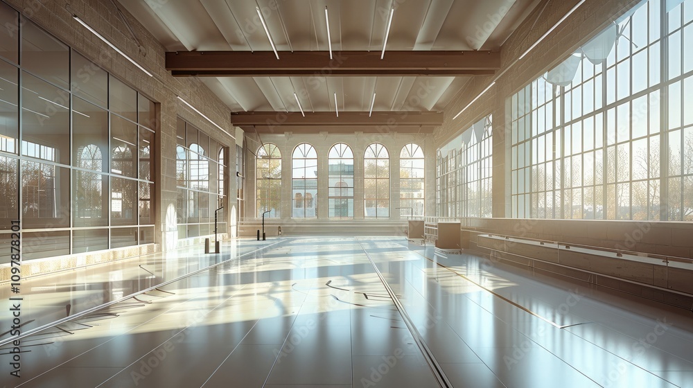 Poster a complex where a cafeteria and fencing courts converge, separated by a floor-to-ceiling glass or wi