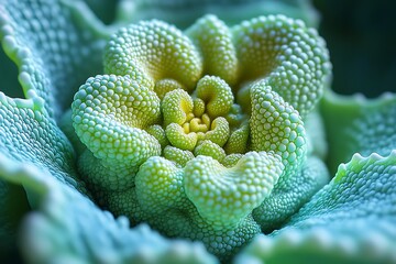 Intricate green and blue fractal resembling a flower with detailed texture.