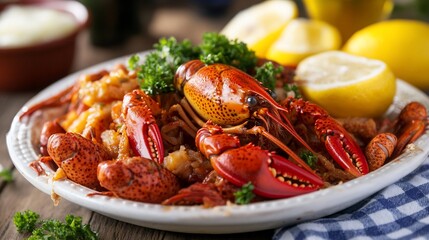 Spicy crawfish boil with lemon and parsley on a rustic wooden table.