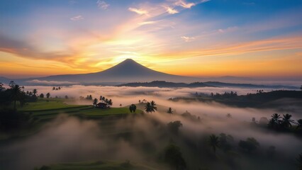 Obraz premium Breathtaking Sunrise Over Misty Mountain Valley: Perfect for Wall Art, Desktop Backgrounds, and Calendars
