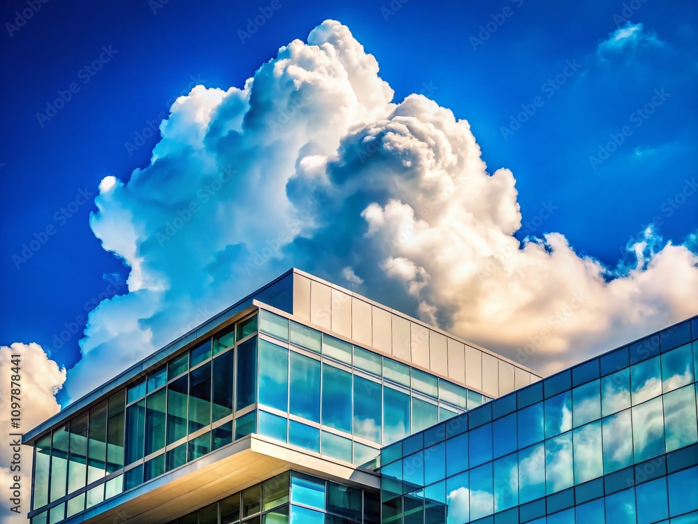 Poster fluffy clouds floating above modern architecture with clear blue sky, ideal for inspirational backgr