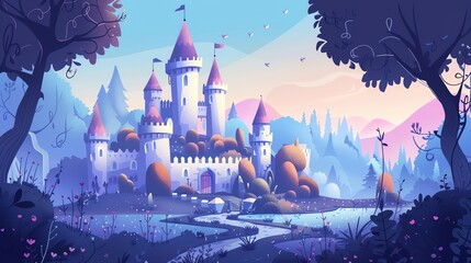 A cartoon style illustration of a castle on a hill with a blue sky and clouds.