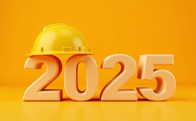 Happy new year greeting banner for construction industry featuring yellow protective helmet on 3D numbers 2025 against a bright orange background