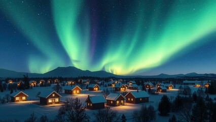 Experience the Magical Northern Lights Over a Cozy Snowy Village: Perfect for Wall Art, Home Decor, and Travel Inspiration
