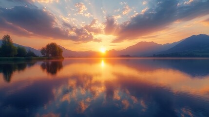 Obraz premium Serene sunset over calm lake reflecting vibrant sky and mountains.