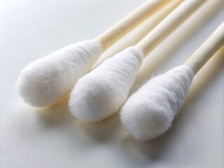 Four White Cotton Swabs of Varying Sizes on a Clean White Background for Medical and Personal Care Use, Highlighting Their Unique Features and Applications