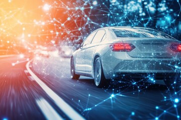 Futuristic smart car navigating a connected roadway in a vibrant setting