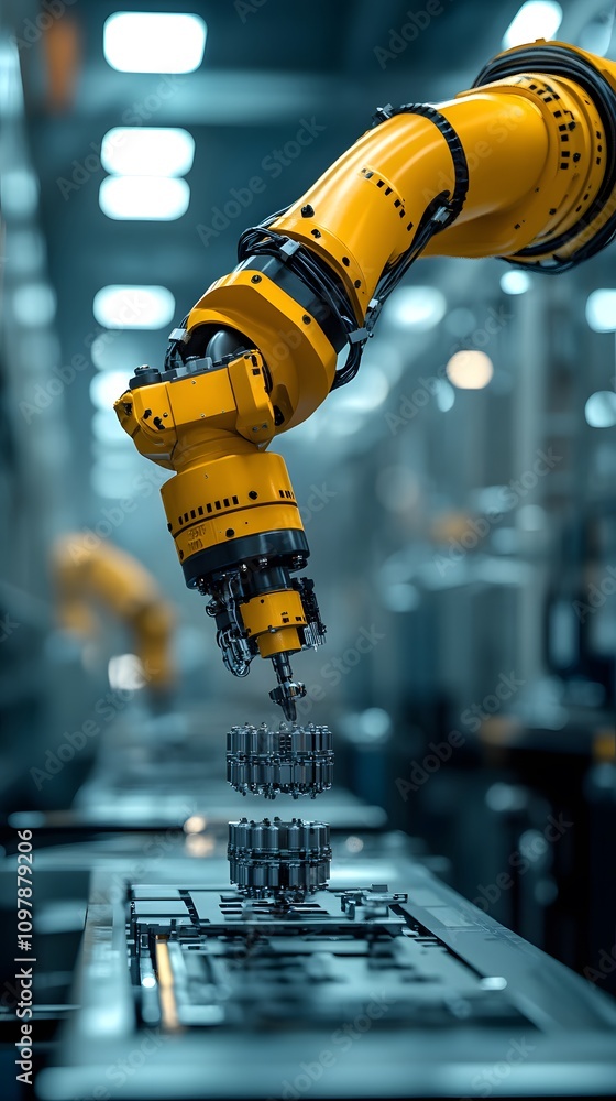 Poster a robotic arm assembling components in a factory setting, showcasing advanced automation.
