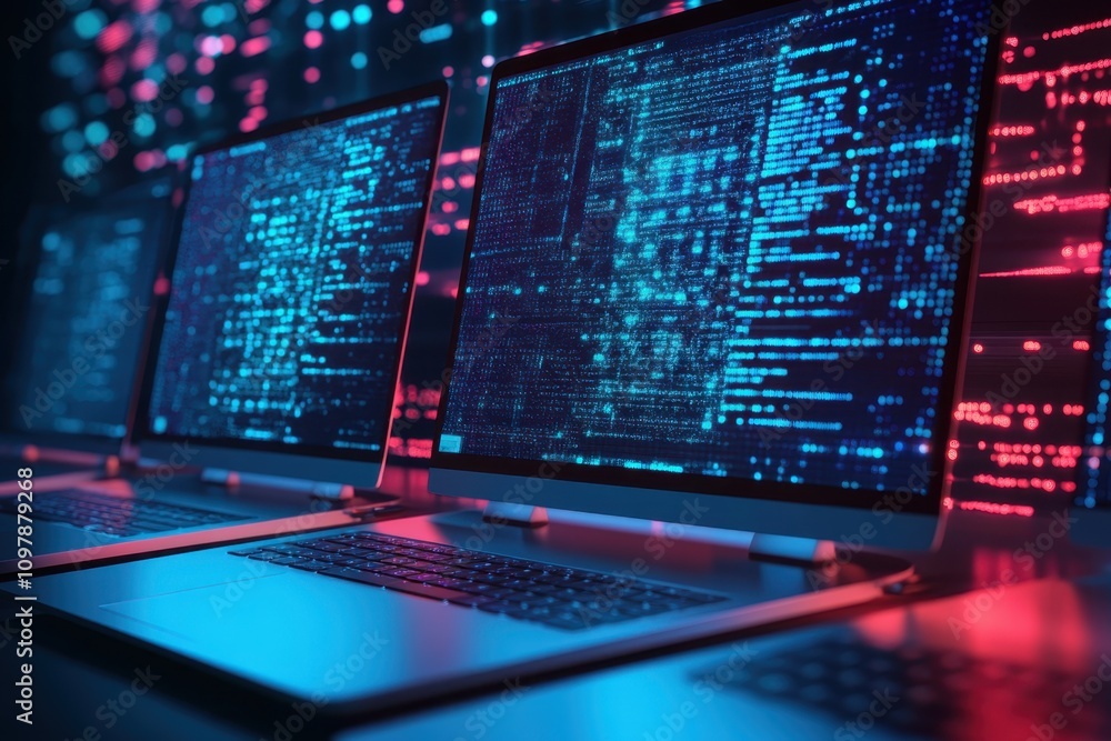 Poster modern laptops displaying vibrant data streams in a tech-focused workspace