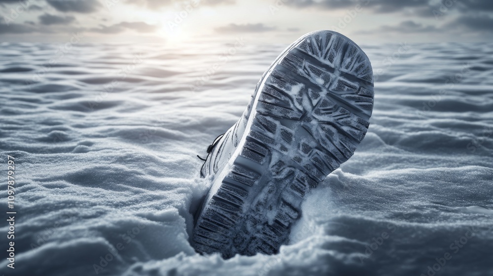 Poster a close-up of a single shoeprint pressed into deep snow, set against a serene sunrise backdrop. the 