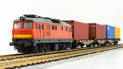 Obraz premium Train with Cargo Containers on Tracks Isolated on White