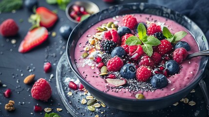 Smoothie bowls are placed on a table filled with fresh fruits, seeds and nuts. Healthy and nutritious food
