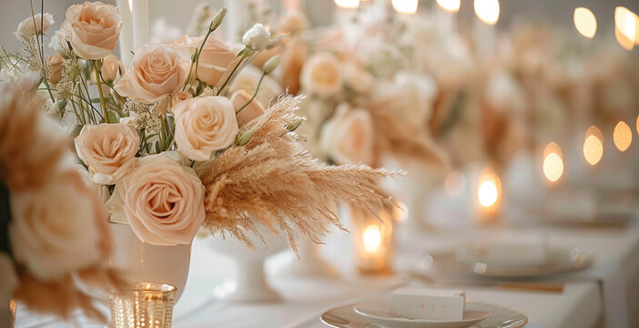 A white wedding table with gold accents, featuring pampas grass and soft peach roses in vases. The long table is set for an elegant evening event.