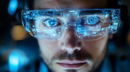 Close-up of a man wearing futuristic smart glasses, displaying holographic data.