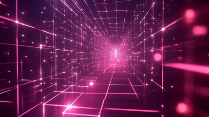 Fototapeta premium Pink Neon Grid Lines Form Futuristic Corridor