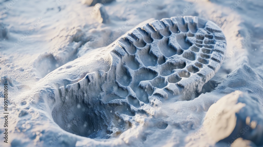 Poster close-up view of a detailed boot print in snow, highlighting the texture and depth. this image captu