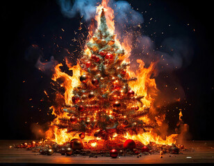 Burning Christmas tree with exploding decorations 