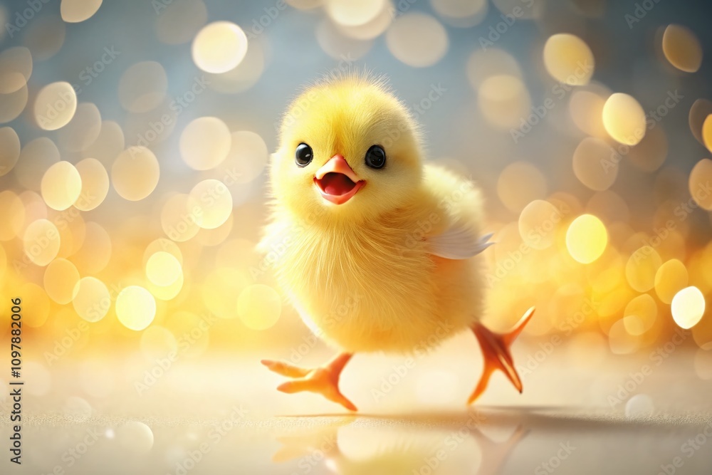 Aufkleber funny cartoon chick running on a white background with bokeh effect for playful and whimsical stock 