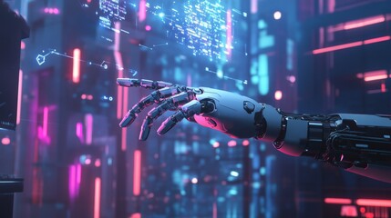 A detailed view of a robotic hand reaching towards a digital interface, set against a neon-lit futuristic city backdrop. The scene evokes themes of AI, technology, and human-machine interaction in a