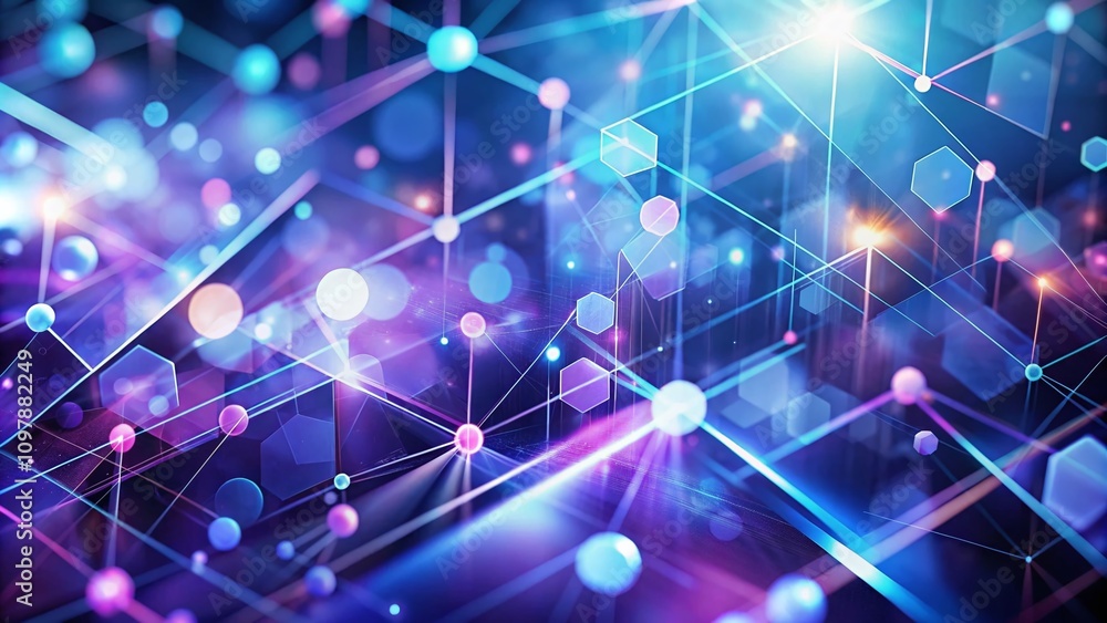 Poster futuristic abstract background with geometric lines and bokeh effect in blue and purple gradient for