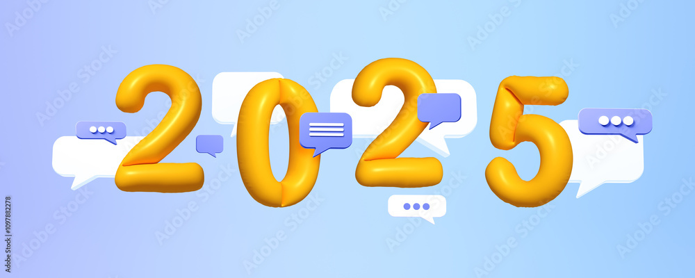 Aufkleber yellow 3d numbers 2025 floating with speech bubbles and think clouds on light blue gradient backgrou
