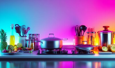 Neon-lit kitchen; pots, pans, food, utensils.