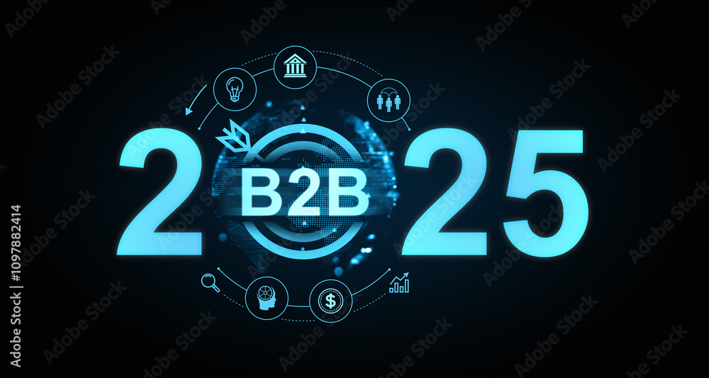 Aufkleber b2b forecast for 2025 with holographic icons representing business and financial concepts. 3d render
