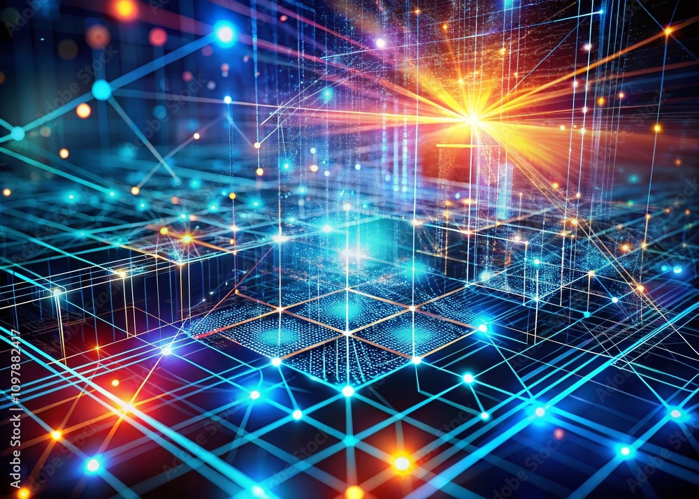 Poster futuristic abstract technology background with 3d grid, cyber network, and ai elements for cybersecu