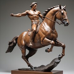 A sculpture of a dynamic scene of a man riding a horse.