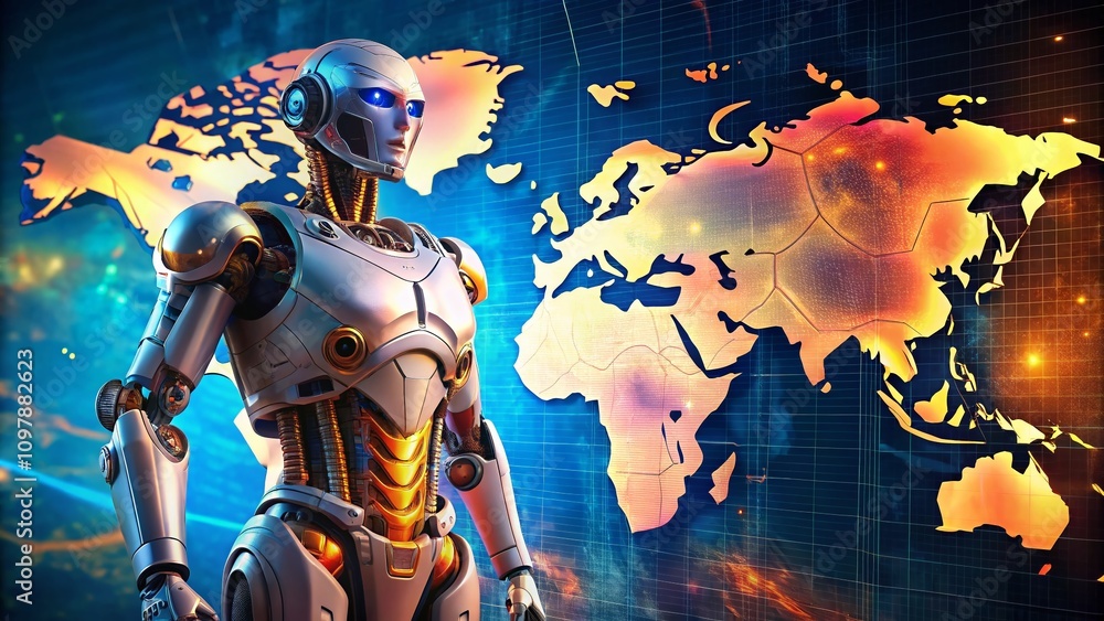 Poster futuristic ai big robot standing on a world map background with ample copy space for creative applic