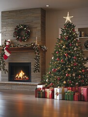 Festive Christmas Tree with Gifts and Fireplace filled with gifts under the tree