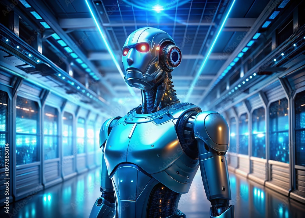 Poster futuristic blue robot 3d render in a high-tech environment, showcasing advanced robotics and ai tech