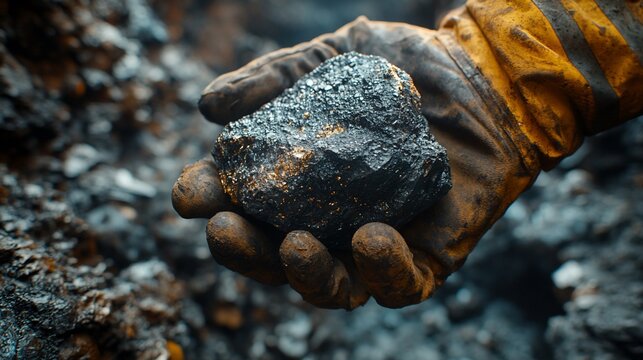 Miner's hand holding a rough ore sample.