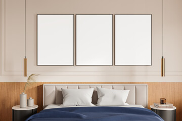 Three blank framed posters above bed with modern decor and wooden accents in minimalist bedroom setting. 3D Rendering