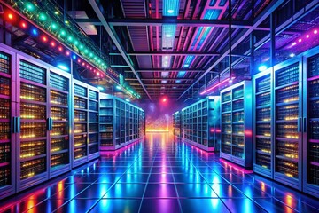Obraz premium Futuristic Data Center with Cryptocurrency Mining Rigs, IoT Cloud Visualization, and High-Tech Infrastructure in a Dynamic Digital Environment