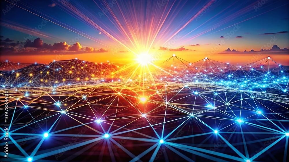 Poster futuristic digital network landscape with interconnected lines and glowing nodes representing cybers