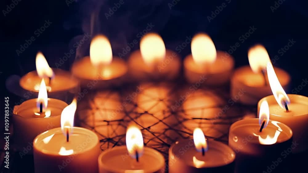 Poster circle of light: a mystical and enchanting scene of burning candles arranged in a circle on a web-li