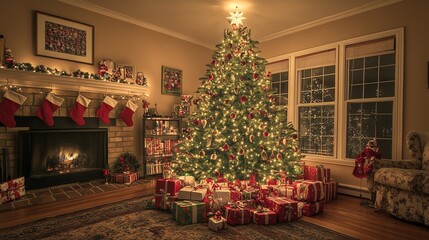 Obraz premium Festive Christmas Tree with Gifts and Fireplace filled with gifts under the tree