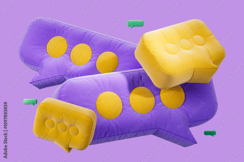 Poster plush speech bubbles with yellow dots on a purple background. 3d rendering