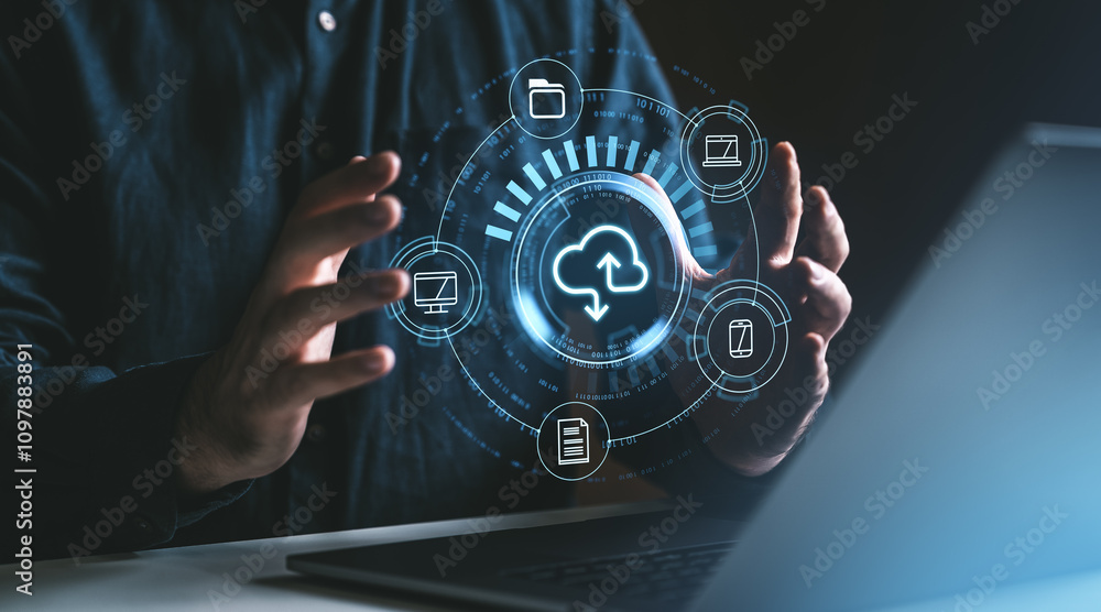 Poster man interacting with a digital cloud storage interface, representing global file management services