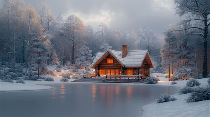 Snow-covered wooden house, surrounded by trees.