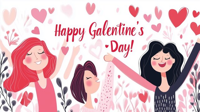text "Happy Galentine's Day!" in the style of an illustrated greeting card, white background, pink and red colors, hearts. Female characters, hearts, love. Design for greeting card, invitation card.