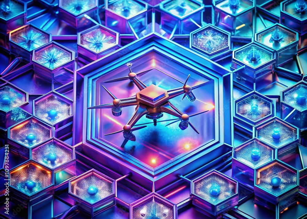 Poster futuristic holographic design in blue and purple hues showcasing a hexagonal arrangement of triangul