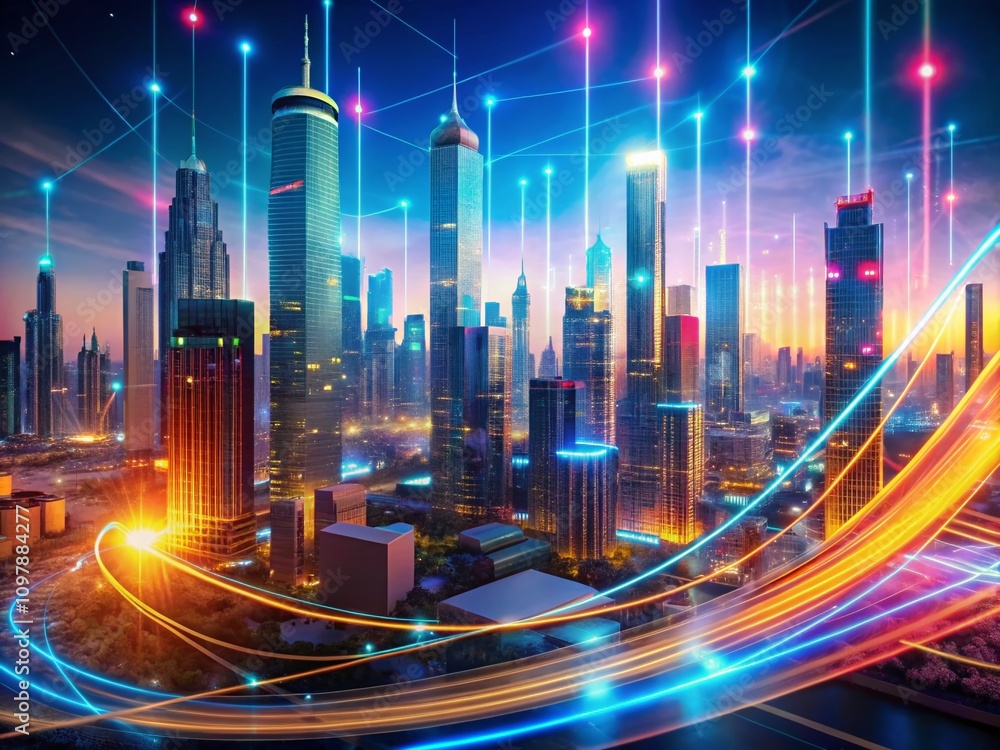 Poster futuristic infographics and data streams in a digital city: abstract business background with macro 